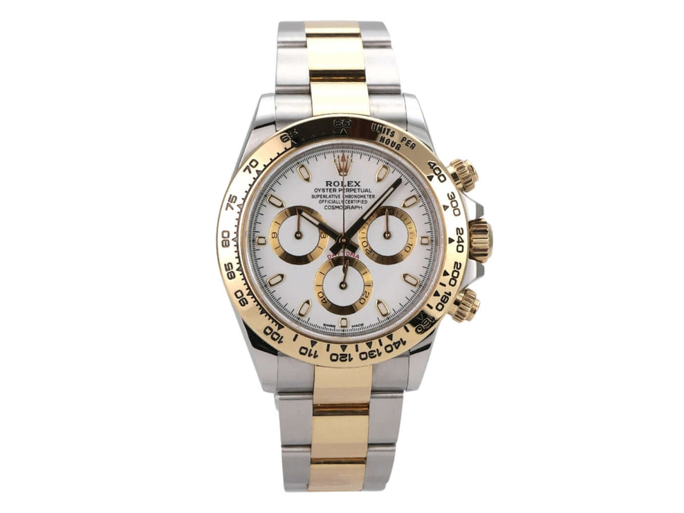 Rolex Daytona Edelstahl Gelbgold 116503 Weiss mit weißem Zifferblatt und goldener Lünette.