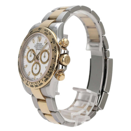 Rolex Daytona Edelstahl Gelbgold 116503 Weiss Uhr mit Edelstahl- und Gelbgold-Armband sowie weißem Zifferblatt.