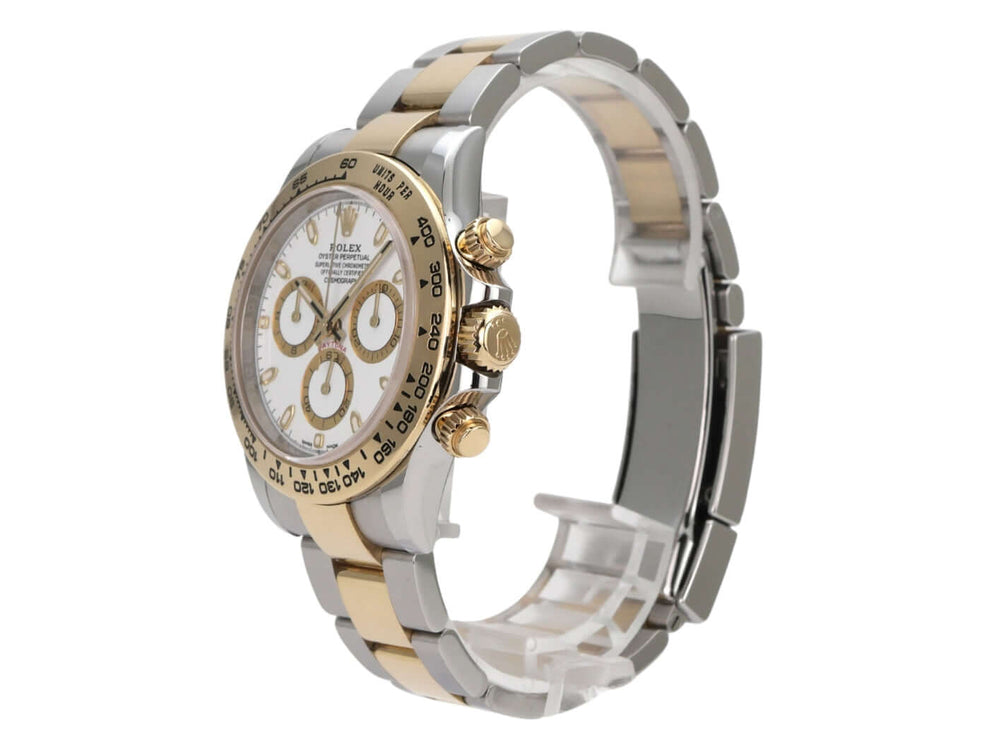 Rolex Daytona Edelstahl Gelbgold 116503 Weiss Uhr mit Edelstahl- und Gelbgold-Armband sowie weißem Zifferblatt.