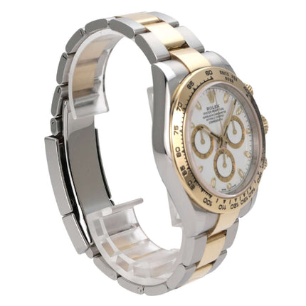 Rolex Daytona Edelstahl Gelbgold 116503 Weiss seitlich mit glänzendem Gehäuse und goldener Lünette.