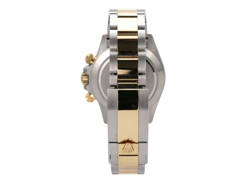 Rolex Daytona Edelstahl Gelbgold 116503 Weiss seitliche Ansicht des Armbands und Gehäuses.