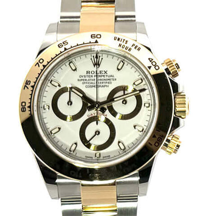 Rolex Daytona Edelstahl Gelbgold 116503 Weiss 2021 mit poliertem 40 mm Edelstahl-Gehäuse, weißes Zifferblatt, Leuchtindizes, Oyster-Armband