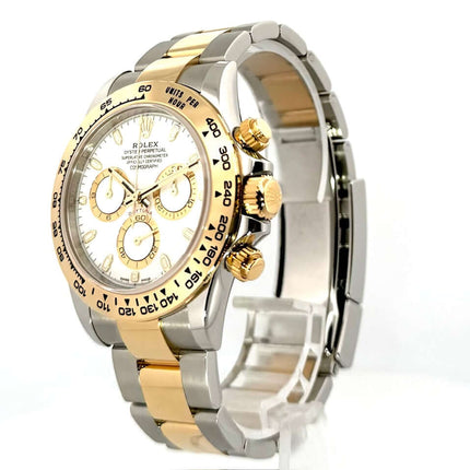 Rolex Daytona Edelstahl Gelbgold 116503 Weiss, 2021, poliertes und satiniertes 40 mm Gehäuse, 18 kt Gelbgold Lünette, Oyster Armband.