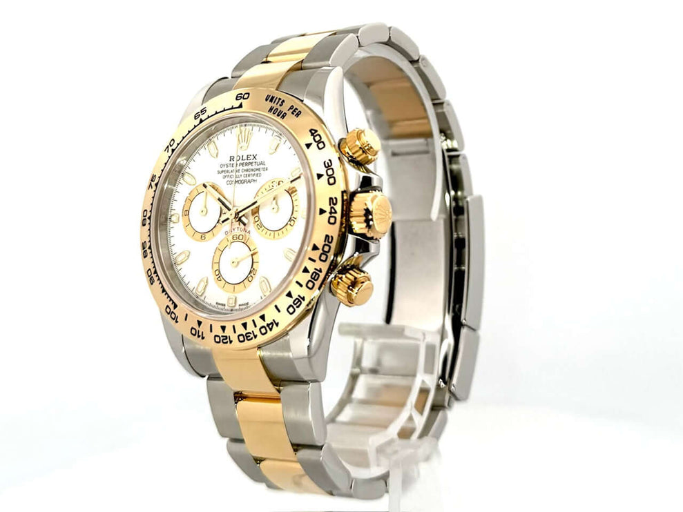 Rolex Daytona Edelstahl Gelbgold 116503 Weiss, 2021, poliertes und satiniertes 40 mm Gehäuse, 18 kt Gelbgold Lünette, Oyster Armband.