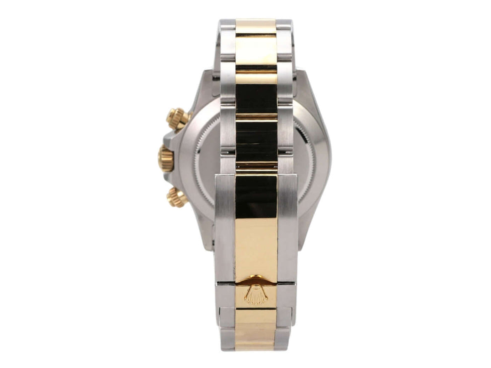 Rolex Daytona Edelstahl Gelbgold 116503 Weiss, Rückansicht mit Oyster-Armband und Gelbgold-Details