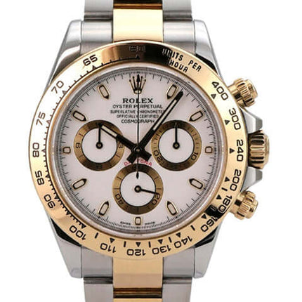 Rolex Daytona Edelstahl Gelbgold 116503 Weiss - hochwertige Uhr mit Edelstahl- und Gelbgolddetails und weißem Zifferblatt.