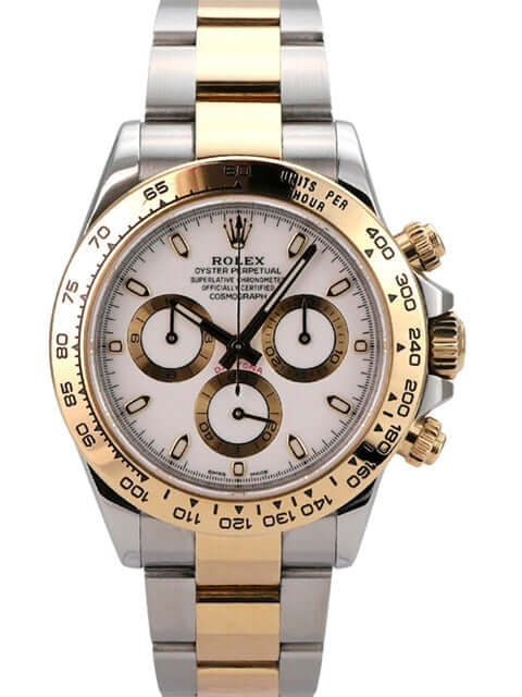 Rolex Daytona Edelstahl Gelbgold 116503 Weiss - hochwertige Uhr mit Edelstahl- und Gelbgolddetails und weißem Zifferblatt.