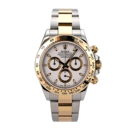 Rolex Daytona Edelstahl Gelbgold 116503 Weiss mit weißem Zifferblatt und goldenen Akzenten.