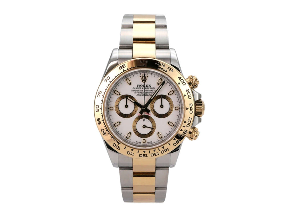 Rolex Daytona Edelstahl Gelbgold 116503 Weiss mit weißem Zifferblatt und goldenen Akzenten.