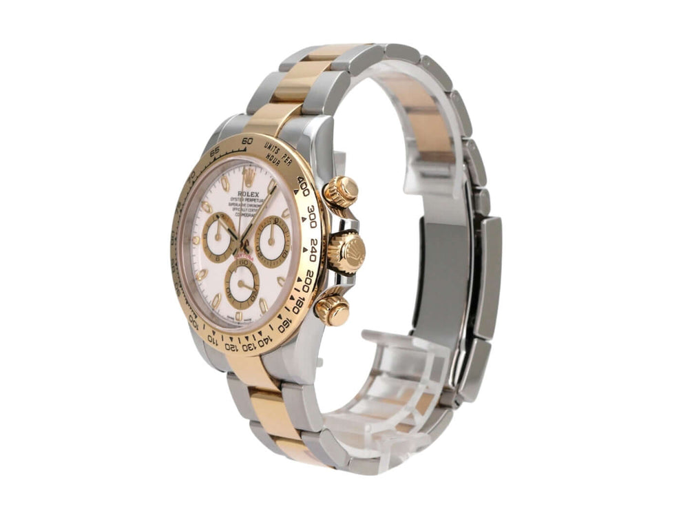 Rolex Daytona Edelstahl Gelbgold 116503 Weiss, seitliche Ansicht der Uhr mit Edelstahl- und Gelbgoldarmband, weißem Zifferblatt.