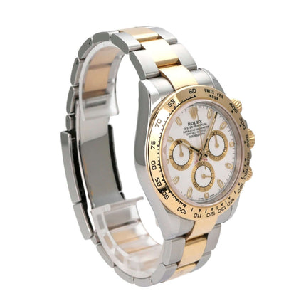 Rolex Daytona Edelstahl Gelbgold 116503 Weiss mit weißem Zifferblatt und polierten Lünette.