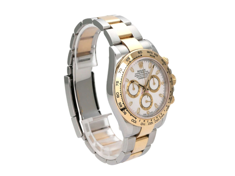 Rolex Daytona Edelstahl Gelbgold 116503 Weiss mit weißem Zifferblatt und polierten Lünette.