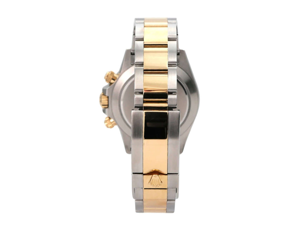 Rolex Daytona Edelstahl Gelbgold 116503 Weiss seitliche Ansicht der Uhr mit Edelstahl- und Gelbgoldarmband.