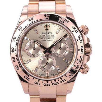 Rolex Cosmograph Daytona 116505 Everose-Gold Pink Diamant mit poliertem Gehäuse und Zifferblatt.