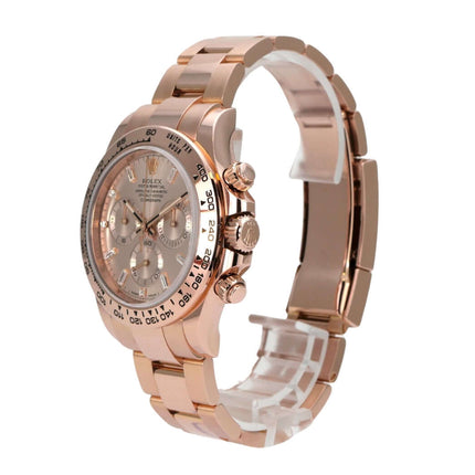 Rolex Cosmograph Daytona 116505 Everose-Gold Pink Diamant seitliche Ansicht, Gehäuse und Armband aus 18 kt Rosegold.