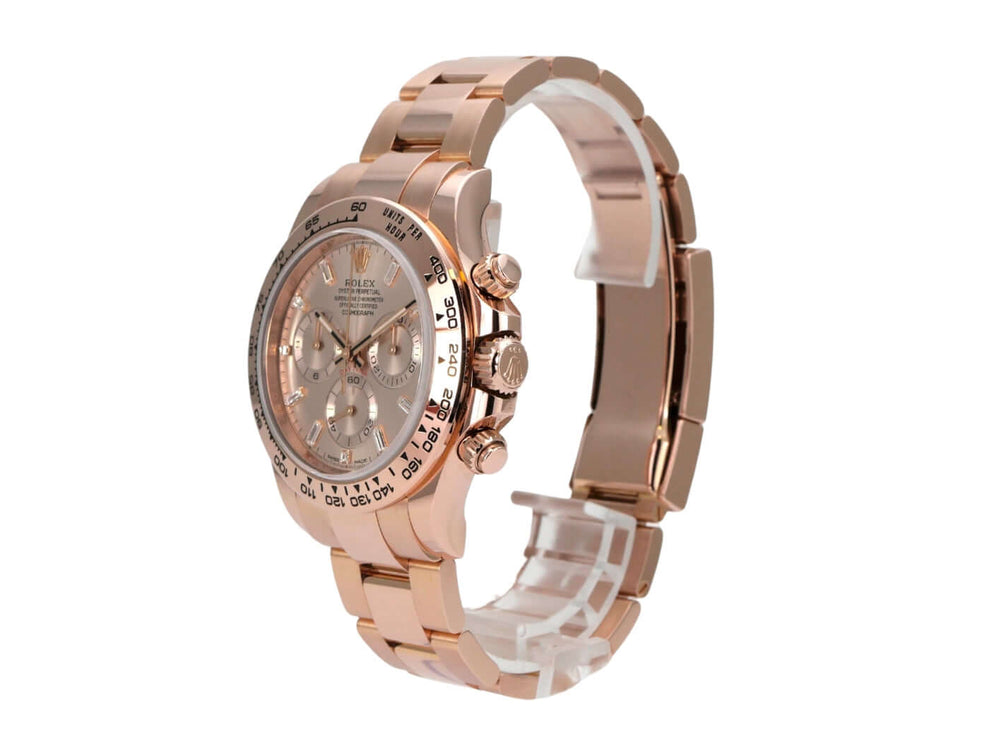 Rolex Cosmograph Daytona 116505 Everose-Gold Pink Diamant seitliche Ansicht, Gehäuse und Armband aus 18 kt Rosegold.