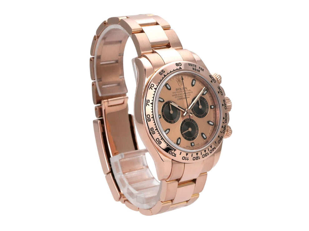 Rolex Cosmograph Daytona 116505 Everose-Gold Sundust Schwarz Armbanduhr mit poliertem Gehäuse und schwarzen Totalisatoren.