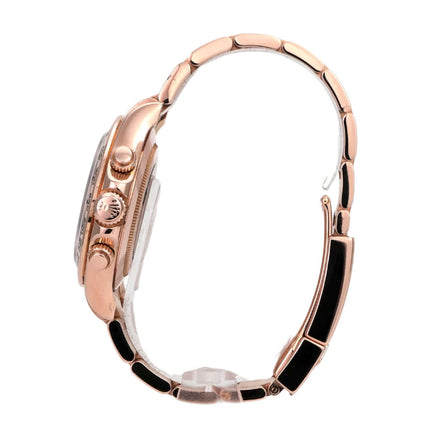 Rolex Cosmograph Daytona 116505 Everose-Gold Sundust Schwarz seitliche Ansicht der Uhr mit 18 kt Everose-Gold Armband.