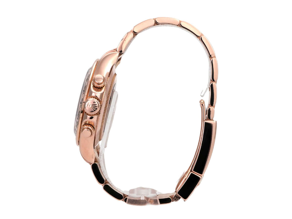 Rolex Cosmograph Daytona 116505 Everose-Gold Sundust Schwarz seitliche Ansicht der Uhr mit 18 kt Everose-Gold Armband.