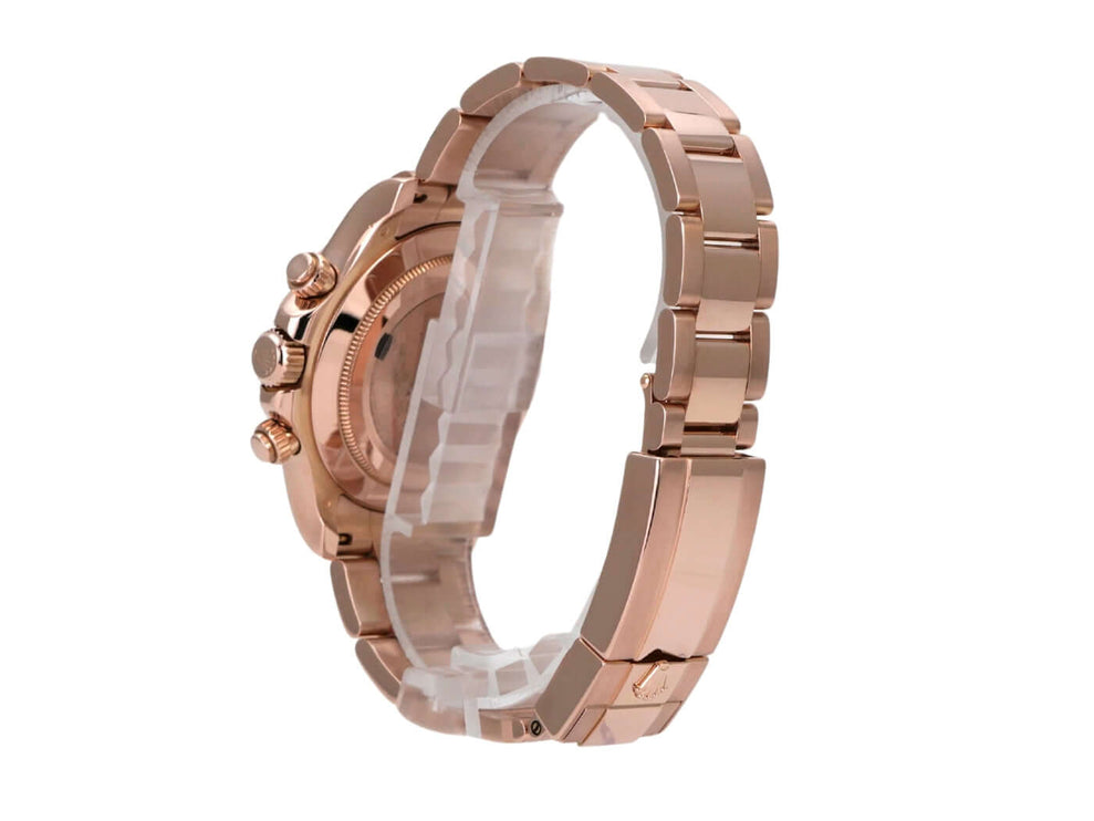 Rolex Cosmograph Daytona 116505 Everose-Gold Sundust Schwarz Ansicht von der Seite mit poliertem Armband.