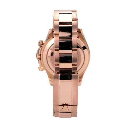 Uhr Rolex Cosmograph Daytona 116505 Everose-Gold von hinten, mit poliertem und satiniertem Armband.