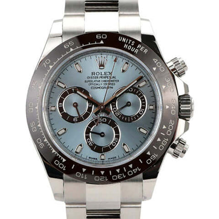 Rolex Daytona 116506 Platin Eisblau, elegantes Platin-Gehäuse, Eisblau Zifferblatt, Keramiklünette.