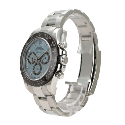 Rolex Daytona 116506 Platin Eisblau seitliche Ansicht der Uhr mit Eisblau Zifferblatt und Platin Armband