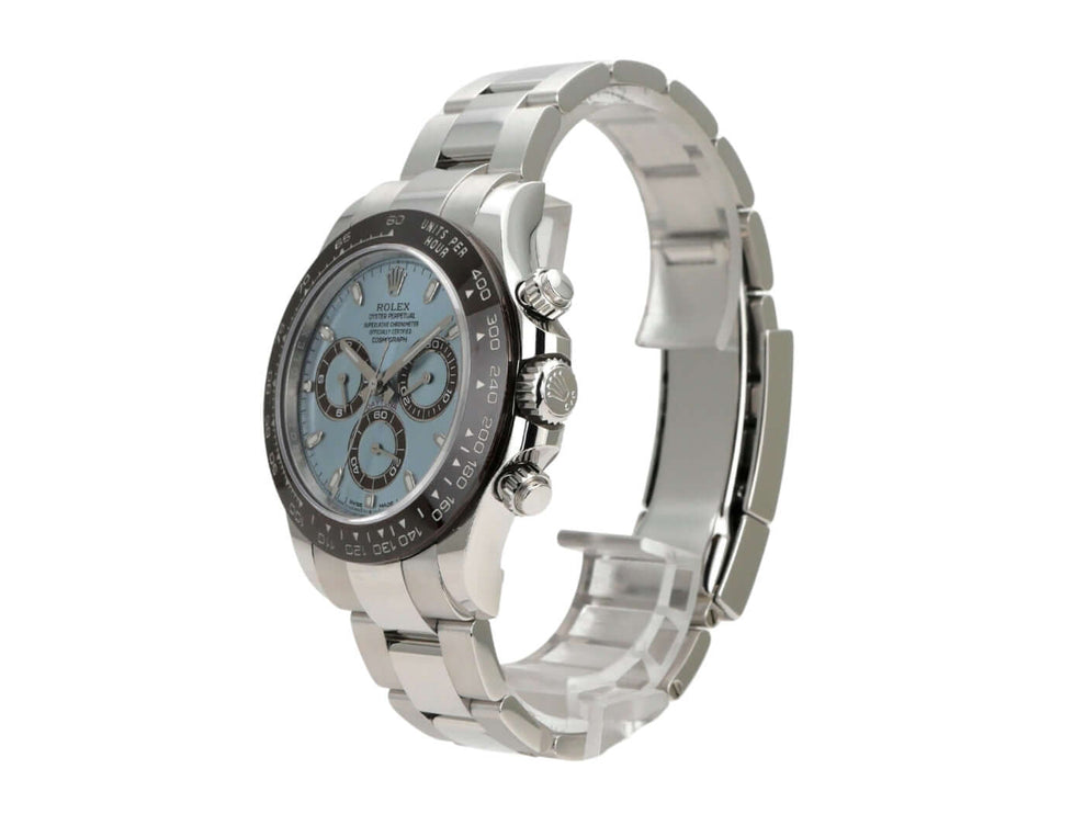Rolex Daytona 116506 Platin Eisblau seitliche Ansicht der Uhr mit Eisblau Zifferblatt und Platin Armband