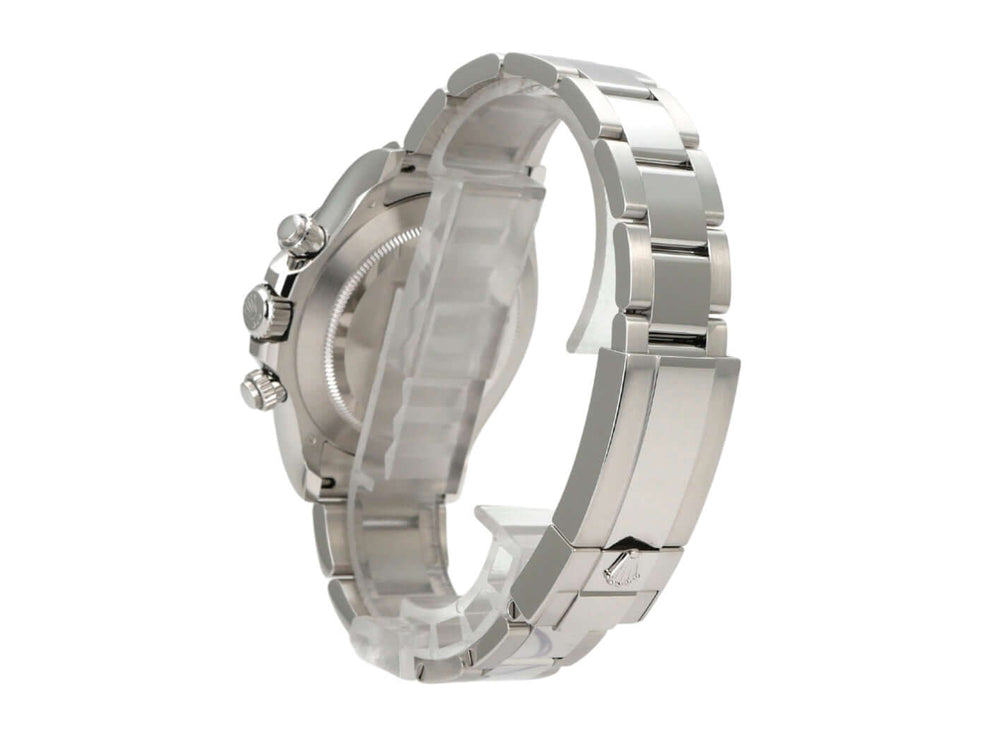 Rolex Daytona 116506 Platin Eisblau Detailaufnahme des polierten Oyster Armbands und Gehäuses.