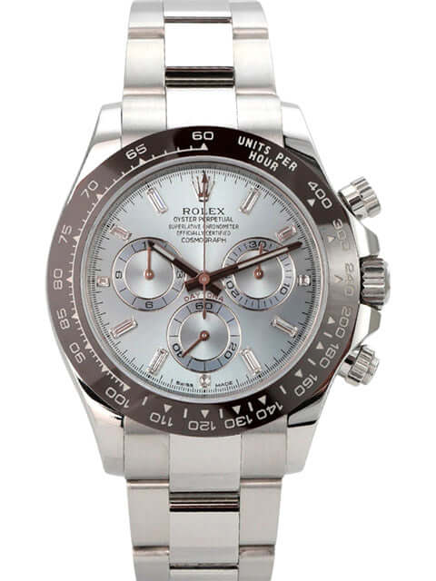 Rolex Daytona Platin 116506 Eisblau Diamant stilvolle Armbanduhr mit poliertem Gehäuse und eisblauem Zifferblatt.