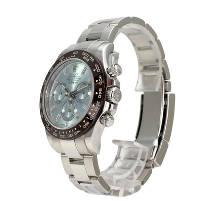 Rolex Daytona Platin 116506 Eisblau Diamant mit eisblauem Zifferblatt und Platin-Armband.
