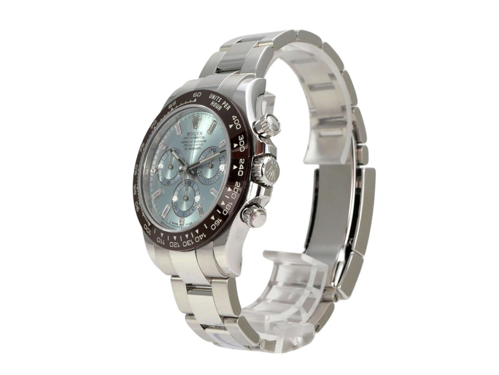 Rolex Daytona Platin 116506 Eisblau Diamant mit eisblauem Zifferblatt und Platin-Armband.