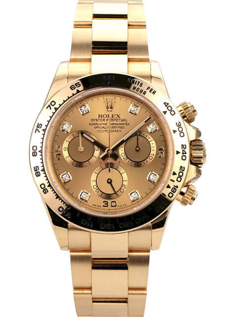 Rolex Cosmograph Daytona Gelbgold 116508 Champagner Diamant mit Goldarmband und luxuriösem Zifferblatt.