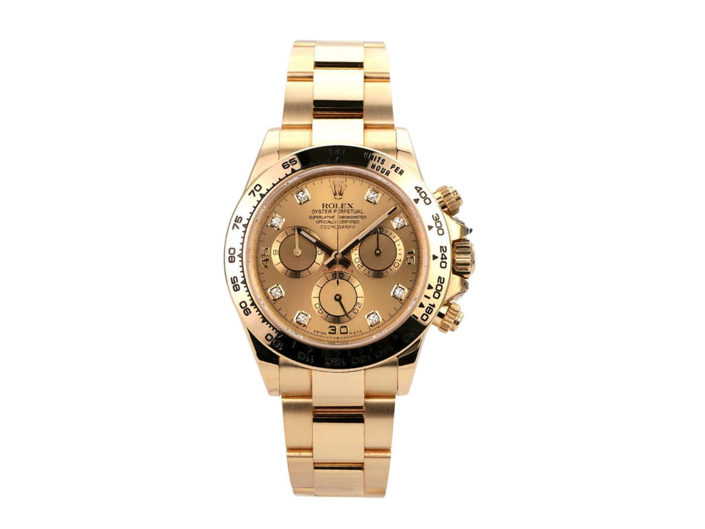 Rolex Cosmograph Daytona Gelbgold 116508 Champagner Diamant mit 18 kt Gelbgold-Gehäuse und Zifferblatt aus Diamanten.