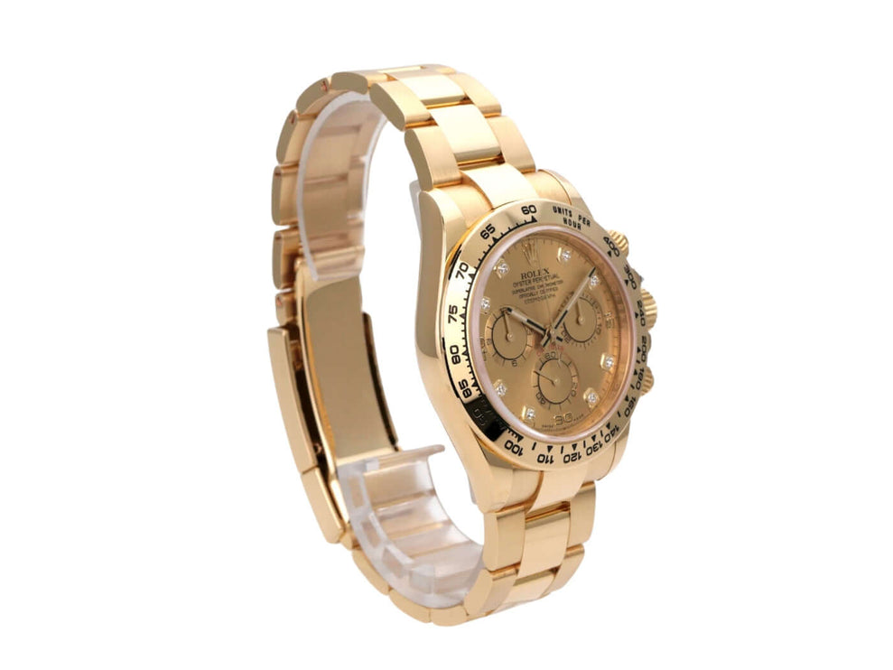 Rolex Cosmograph Daytona Gelbgold 116508 Champagner Diamant Uhr mit 18 kt Gelbgold Armband und Zifferblatt.