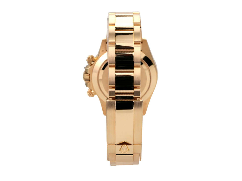 Seitenansicht der Rolex Cosmograph Daytona Gelbgold 116508 Champagner Diamant mit poliertem Armband.