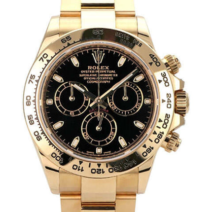 Rolex Cosmograph Daytona Gelbgold 116508 Schwarz mit schwarzem Zifferblatt und 18 kt Gelbgold-Gehäuse.