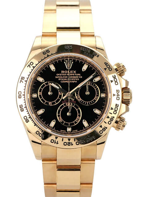 Rolex Cosmograph Daytona Gelbgold 116508 Schwarz mit schwarzem Zifferblatt und 18 kt Gelbgold-Gehäuse.