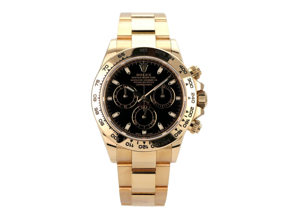 Rolex Cosmograph Daytona Gelbgold 116508 Schwarz mit schwarzem Zifferblatt und 18 kt Gelbgold-Armband