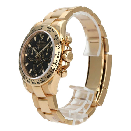 Rolex Cosmograph Daytona Gelbgold 116508 Schwarz seitliche Ansicht mit schwarzem Zifferblatt und goldenen Details.