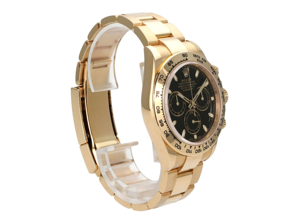 Rolex Cosmograph Daytona Gelbgold 116508 Schwarz mit poliertem 18 kt Gelbgold-Armband und schwarzem Zifferblatt