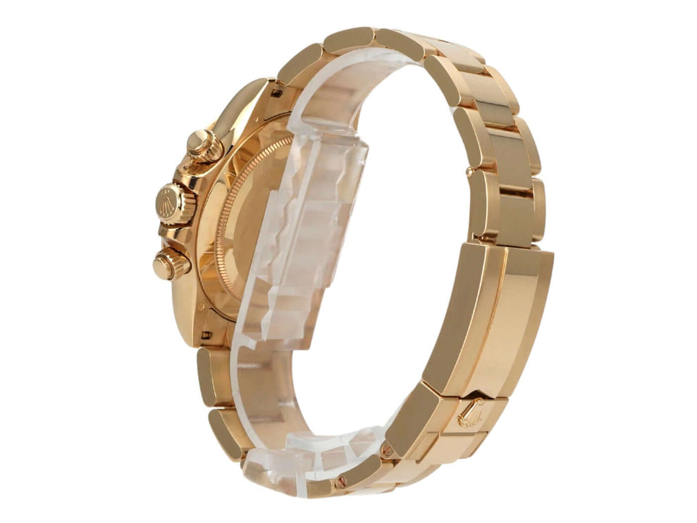 Rolex Cosmograph Daytona Gelbgold 116508 Schwarz seitliche Ansicht mit poliertem 18 kt Gelbgold-Armband.