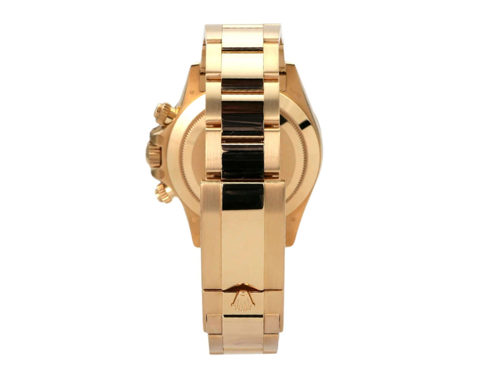 Rolex Cosmograph Daytona Gelbgold 116508 Schwarz - Seitenansicht mit 18 kt Gelbgold-Armband und Gehäuse.