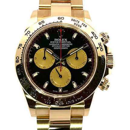 Rolex Cosmograph Daytona 116508, 18 kt Gelbgold Gehäuse, schwarzes Zifferblatt, champagnerfarbene Totalisatoren, Oyster Armband