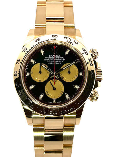 Rolex Cosmograph Daytona 116508, 18 kt Gelbgold Gehäuse, schwarzes Zifferblatt, champagnerfarbene Totalisatoren, Oyster Armband