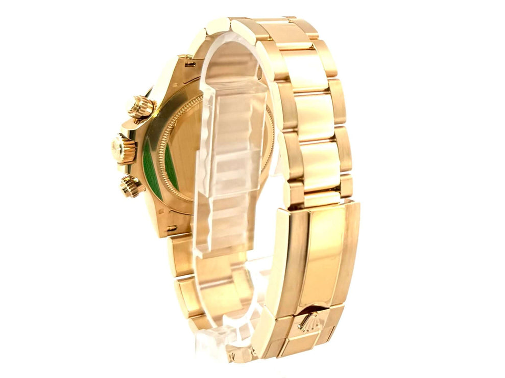 Rückansicht der Rolex Cosmograph Daytona Gelbgold 116508 mit poliertem und satiniertem 18 kt Gelbgold Armband und Faltschließe.