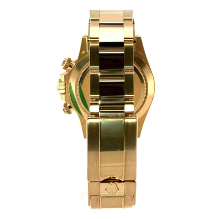 Rückansicht der Rolex Cosmograph Daytona GELBGOLD 116508 mit poliertem und satiniertem 18 kt Gelbgold-Armband und Faltschließe.