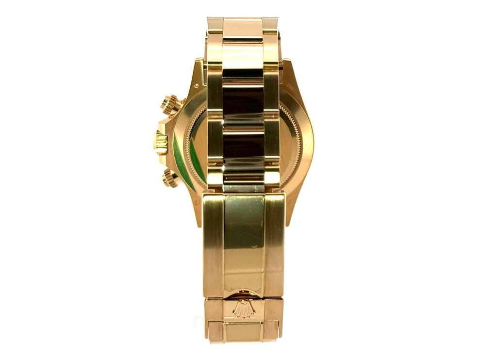 Rückansicht der Rolex Cosmograph Daytona GELBGOLD 116508 mit poliertem und satiniertem 18 kt Gelbgold-Armband und Faltschließe.