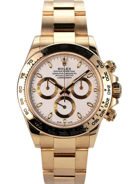 Rolex Cosmograph Daytona 18 kt Gelbgold 116508 Weiß mit poliertem Gehäuse und Tachymeterlünette.