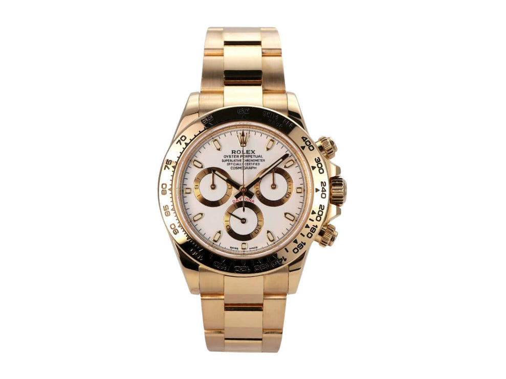 Rolex Cosmograph Daytona 18 kt Gelbgold 116508 Weiß, elegante Automatikuhr mit weißem Zifferblatt und 18 kt Gelbgold Armband.